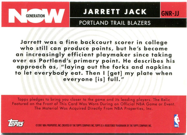 Jarrett Jack Topps Now Generation Jersey Card 2007