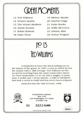 Ted Williams Autographed Perez Steele Great Moments Card (JSA)