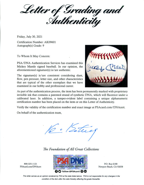 Mickey Mantle Autographed Baseball (PSA Auto Grade 9)