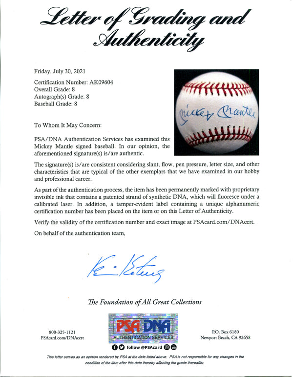 Mickey Mantle Autographed Baseball (PSA Grade 8)
