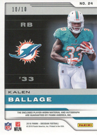 Kalen Ballage Autographed 2018 Panini Obsidian Rookie Jersey Card Back