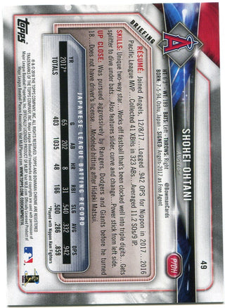 Shohei Ohtani 2018 Bowman Rookie Card Back